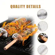 Stainless Steel BBQ Grill Basket Set, Round Rotating Smoker Cage with Wooden Handle for Outdoor Barbecue