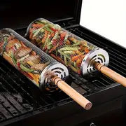 Stainless Steel BBQ Grill Basket Set, Round Rotating Smoker Cage with Wooden Handle for Outdoor Barbecue