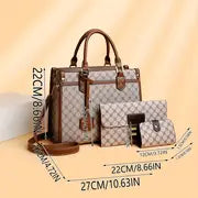 3pcs Set Elegant Women's Tote with Clutch & Card Holder - Fashionable Geometric Pattern, Faux Leather in Light Grey/Dark Brown/White