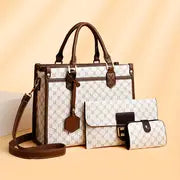 3pcs Set Elegant Women's Tote with Clutch & Card Holder - Fashionable Geometric Pattern, Faux Leather in Light Grey/Dark Brown/White