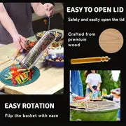 Stainless Steel BBQ Grill Basket Set, Round Rotating Smoker Cage with Wooden Handle for Outdoor Barbecue