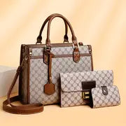 3pcs Set Elegant Women's Tote with Clutch & Card Holder - Fashionable Geometric Pattern, Faux Leather in Light Grey/Dark Brown/White